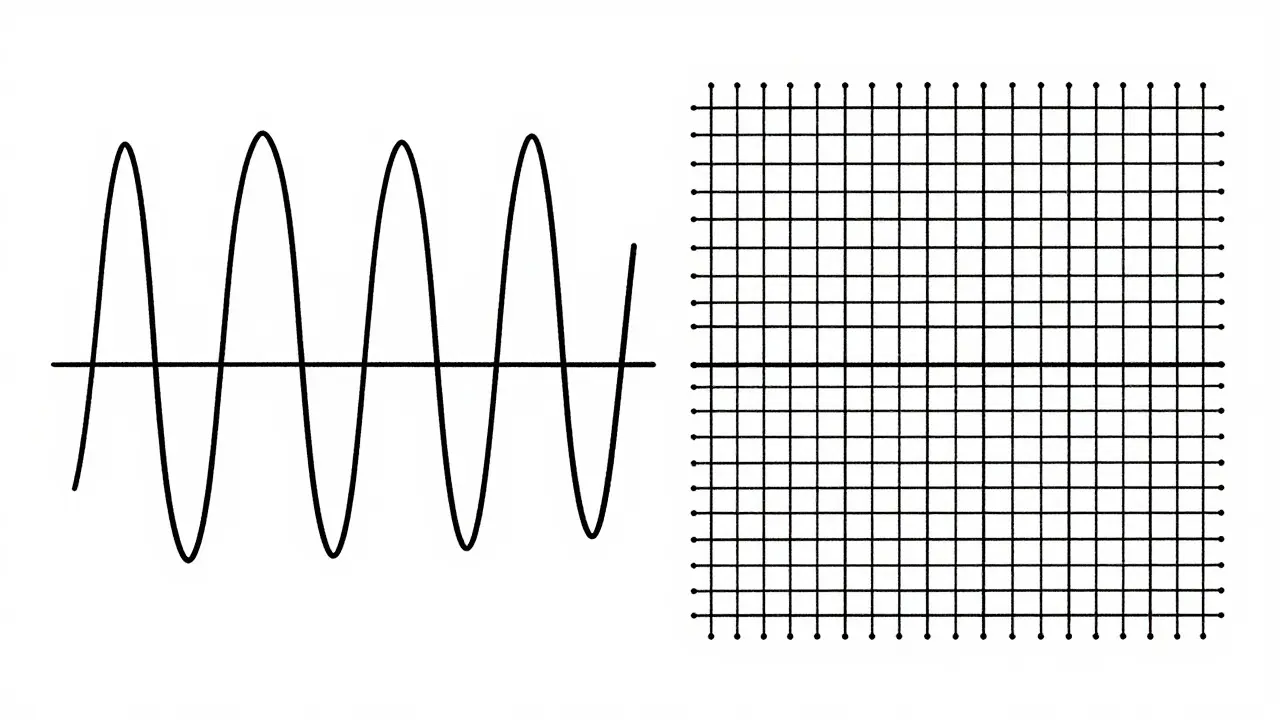Minimalist drawing contrasting sine waves with a grid of vector blocks