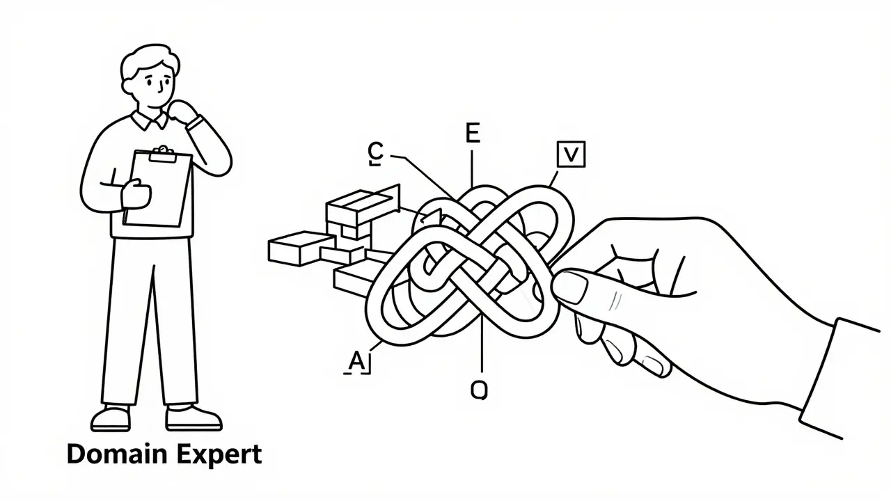 Minimalist illustration showing domain expert transforming complex code into simple app blocks.