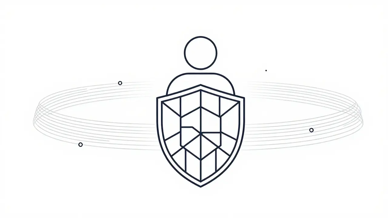 Person protected by shield amidst flowing data lines