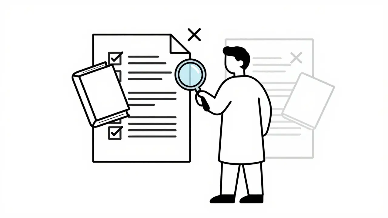 Researcher verifying sources with magnifying glass