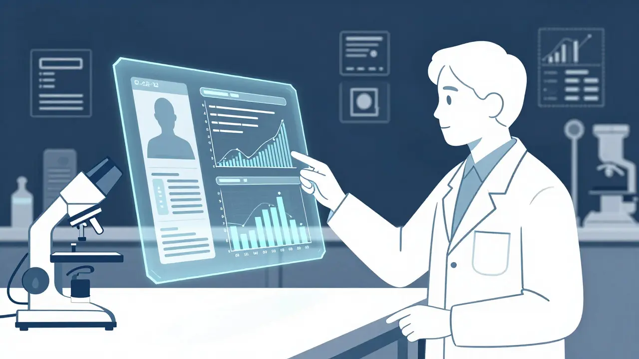 Scientist viewing anonymized synthetic health records on a holographic screen