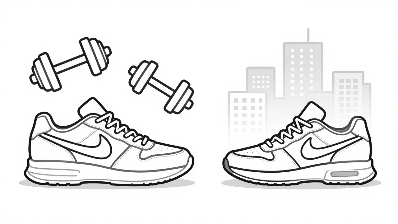 Sneakers shown in gym and urban contexts via line art