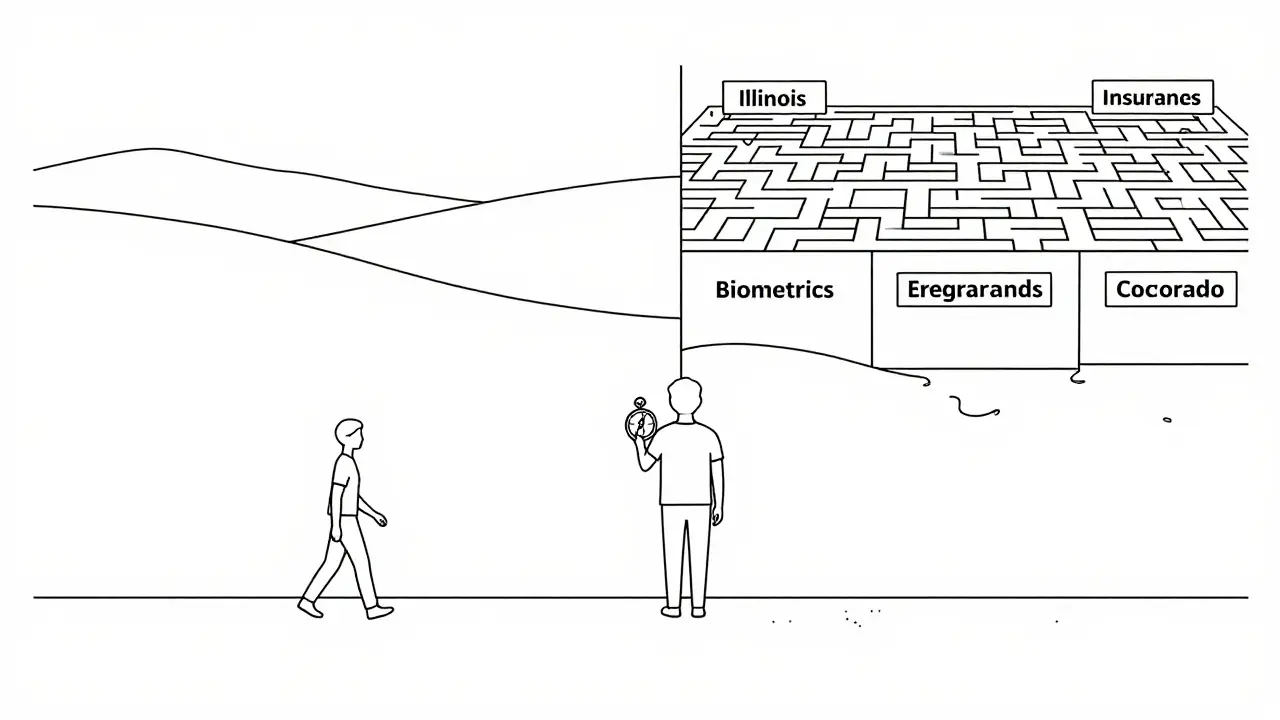 Split view contrasting open landscapes with mazes to show varying state AI regulations.