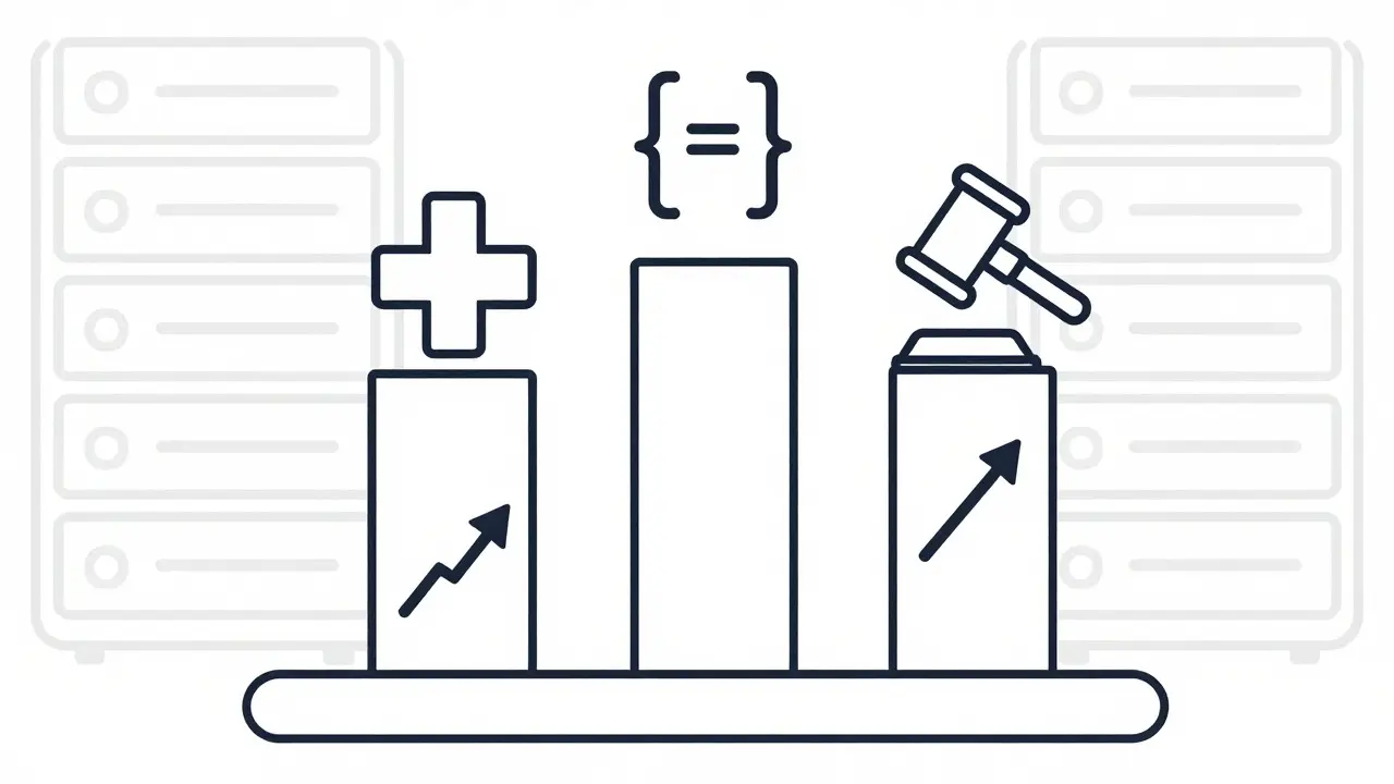Stylized pillars showing accuracy gains in healthcare and tech