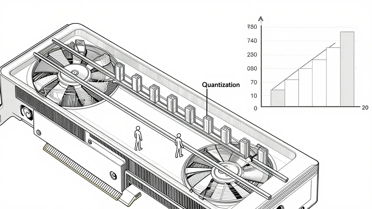 Technical monoline drawing of a GPU with data compression and cost savings metrics.