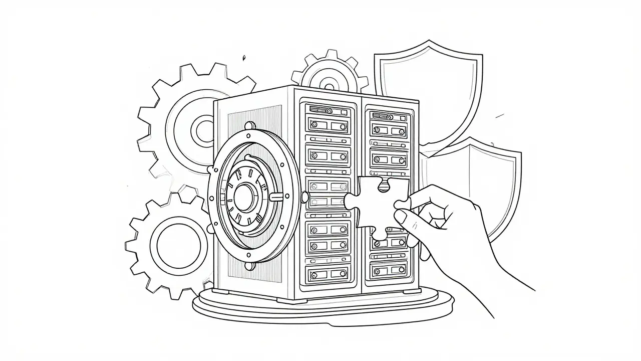 Abstract secure vault structure surrounded by compliance framework symbols