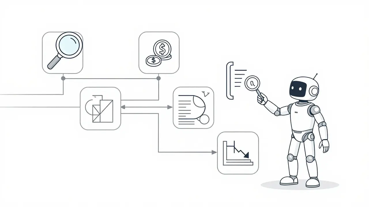 AI agent executing parallel tool plans with branching line art pathways