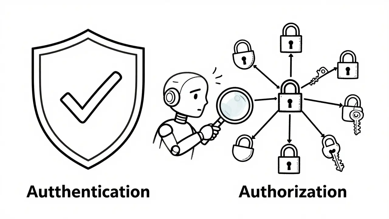 AI robot inspecting broken authorization locks in line art style