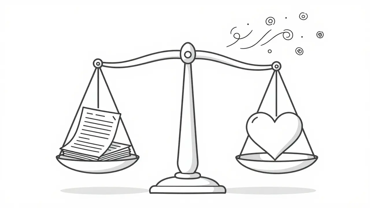 Balanced scales with loan papers and heart symbolizing fair lending