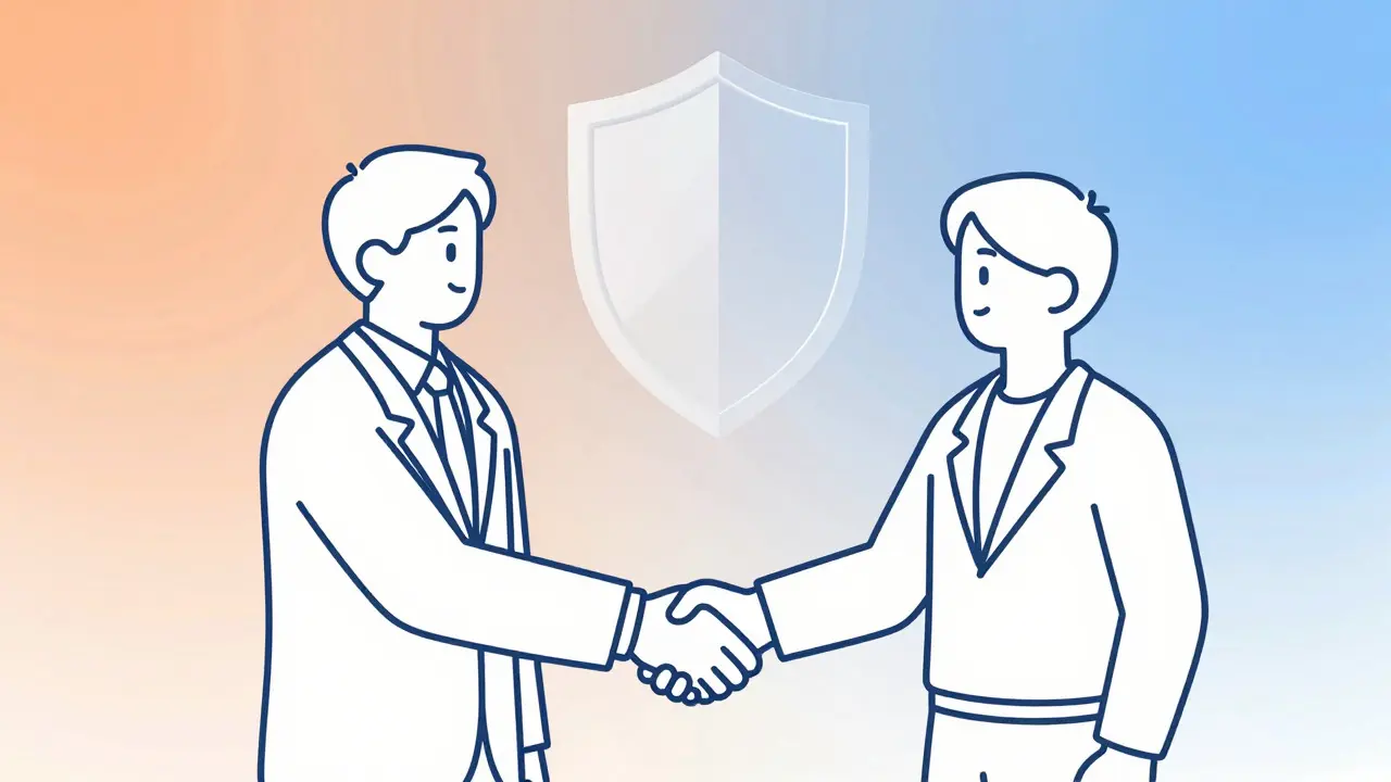 Cartoon depiction of a handshake between business and community figures