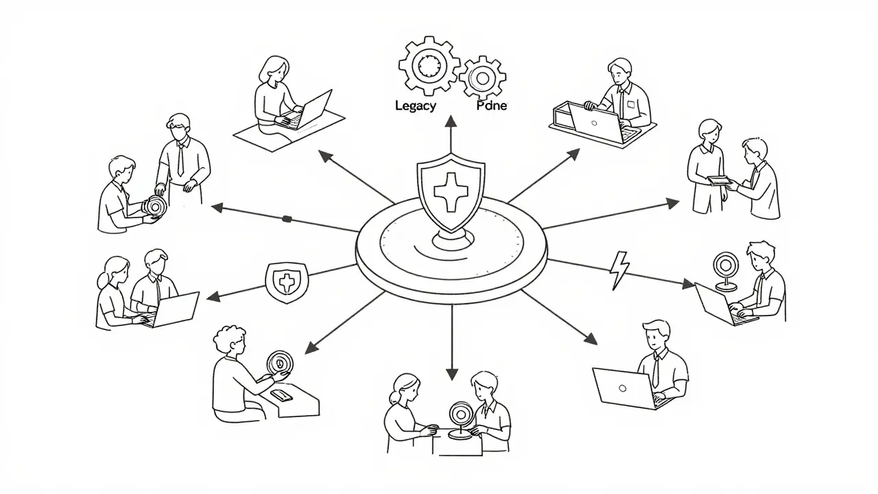 Central model hub connecting to specialized developer communities