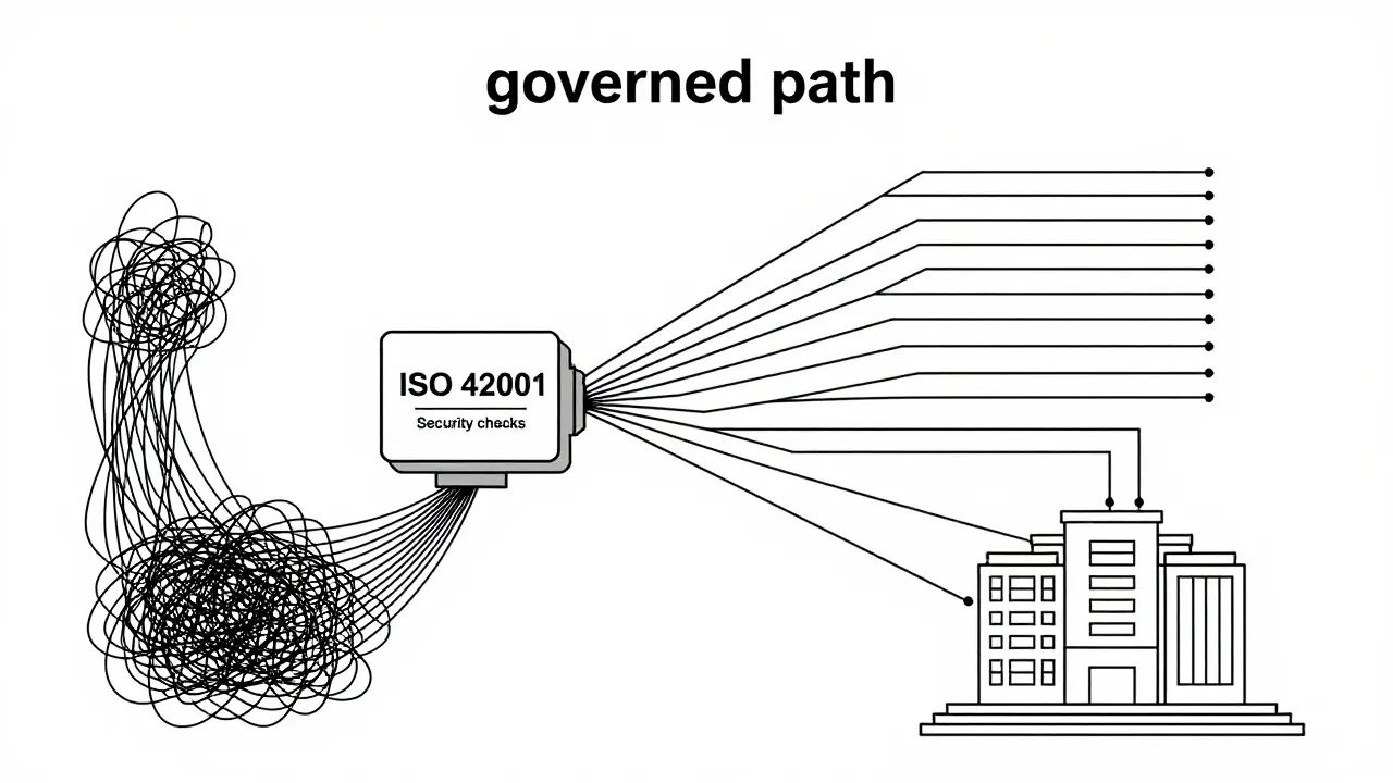Code flowing through a security gate into a stable system