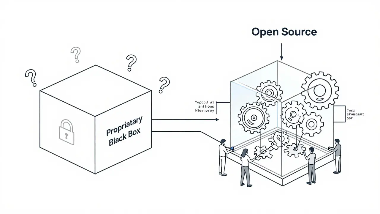 Comparison of opaque proprietary box vs transparent open-source collaborative structure