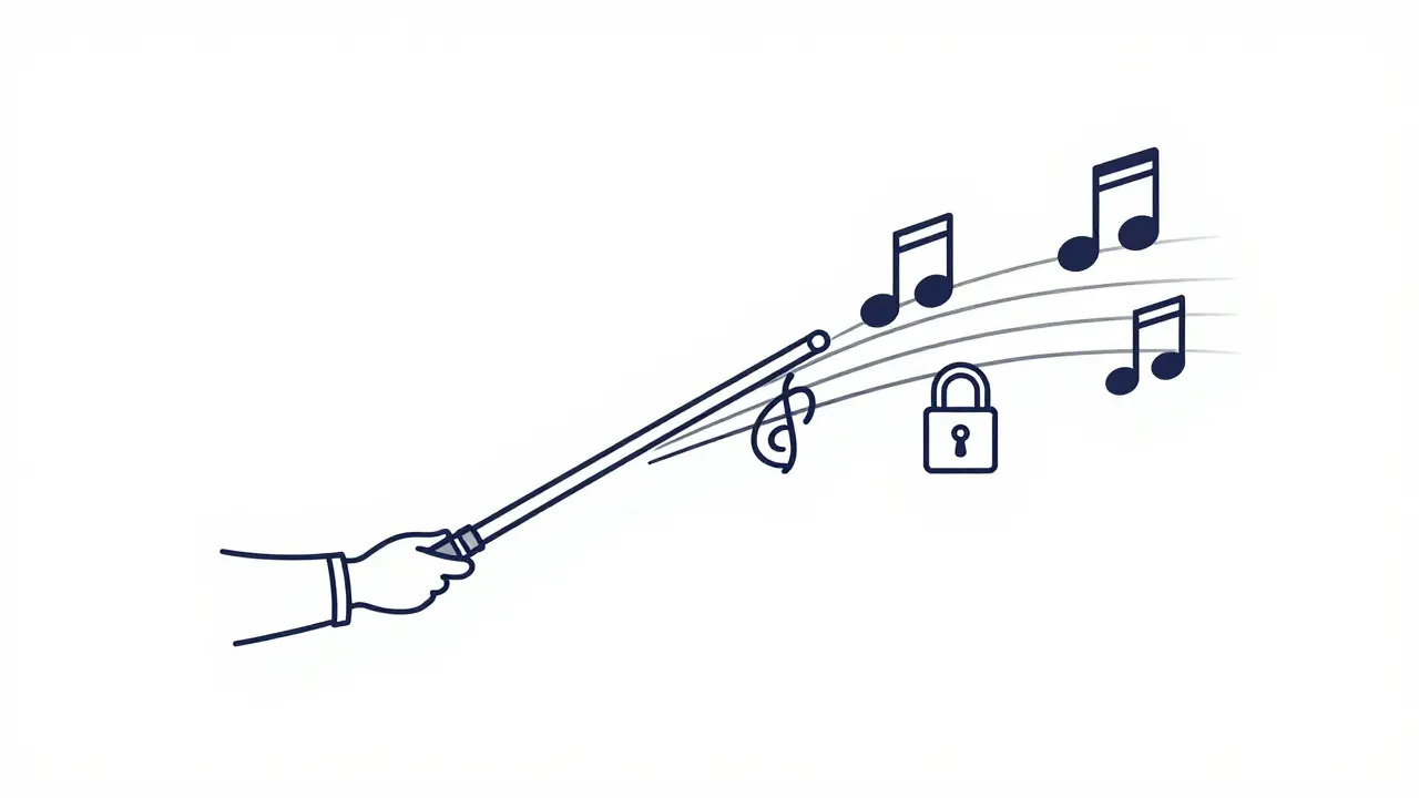 Conductor baton directing AI tasks as music notes in monoline style