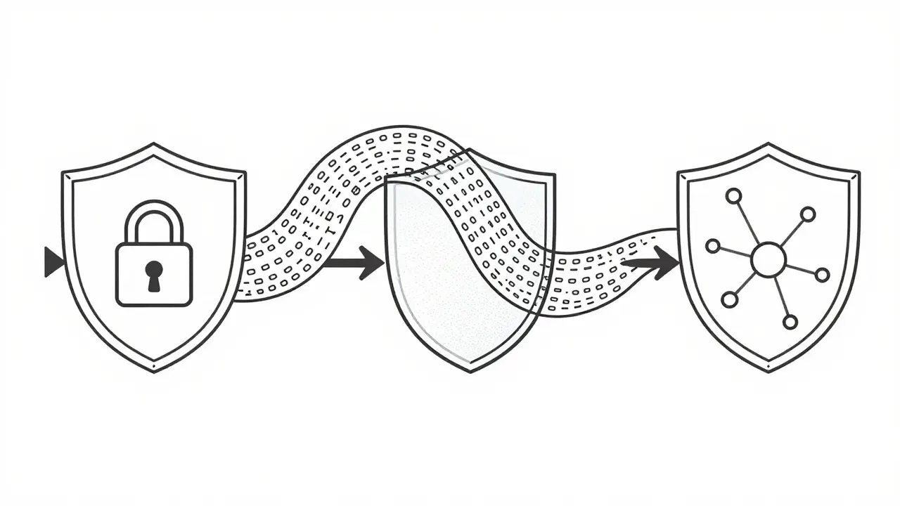 Data stream protected by encryption and privacy shields