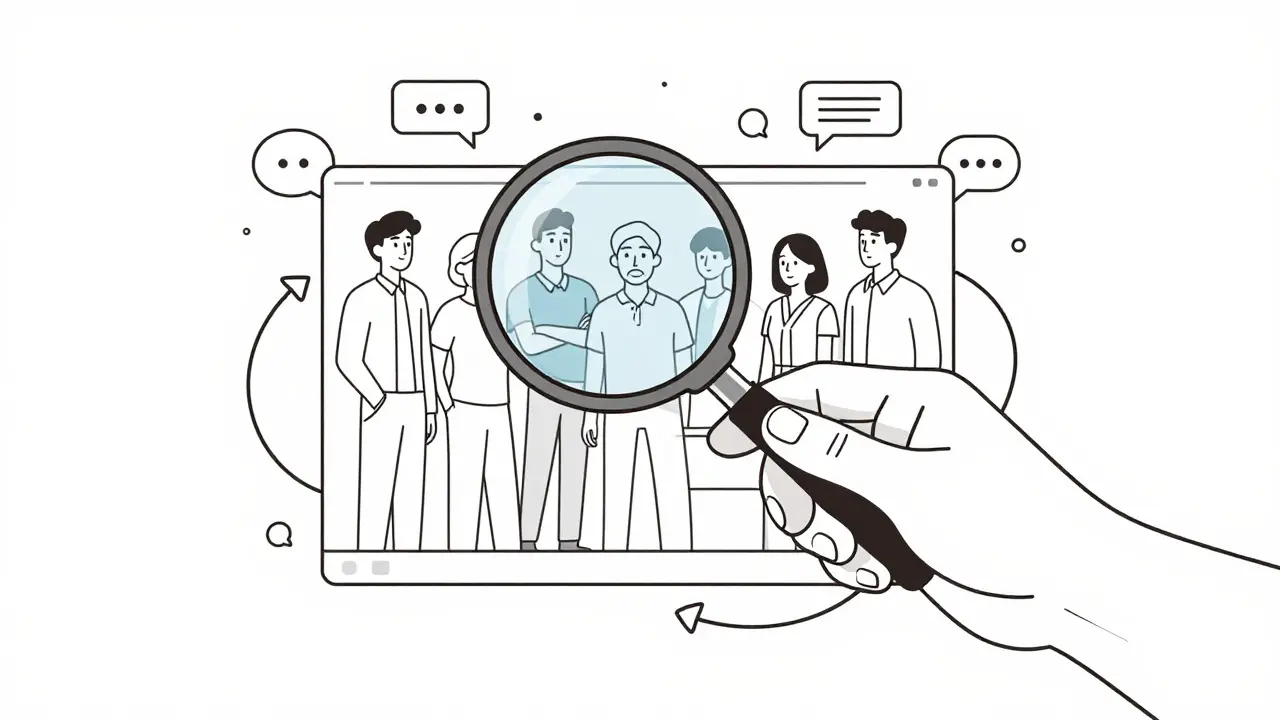 Hand using a magnifying glass to inspect diverse characters on a digital screen for bias