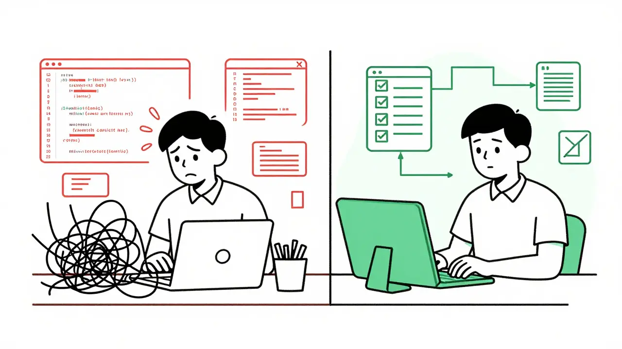 Illustration comparing a frustrated coder with messy code to a calm coder with organized work