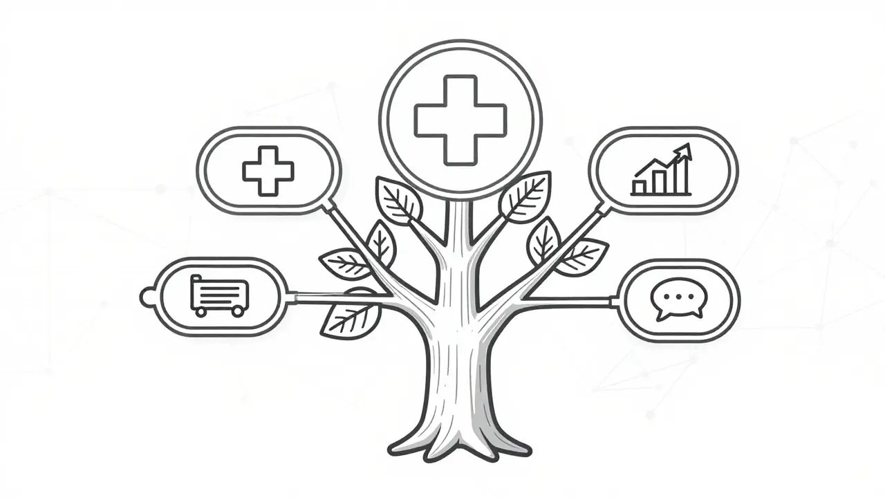 Illustration of a central tree structure with modular branches representing hybrid AI strategies combining base and specific tasks