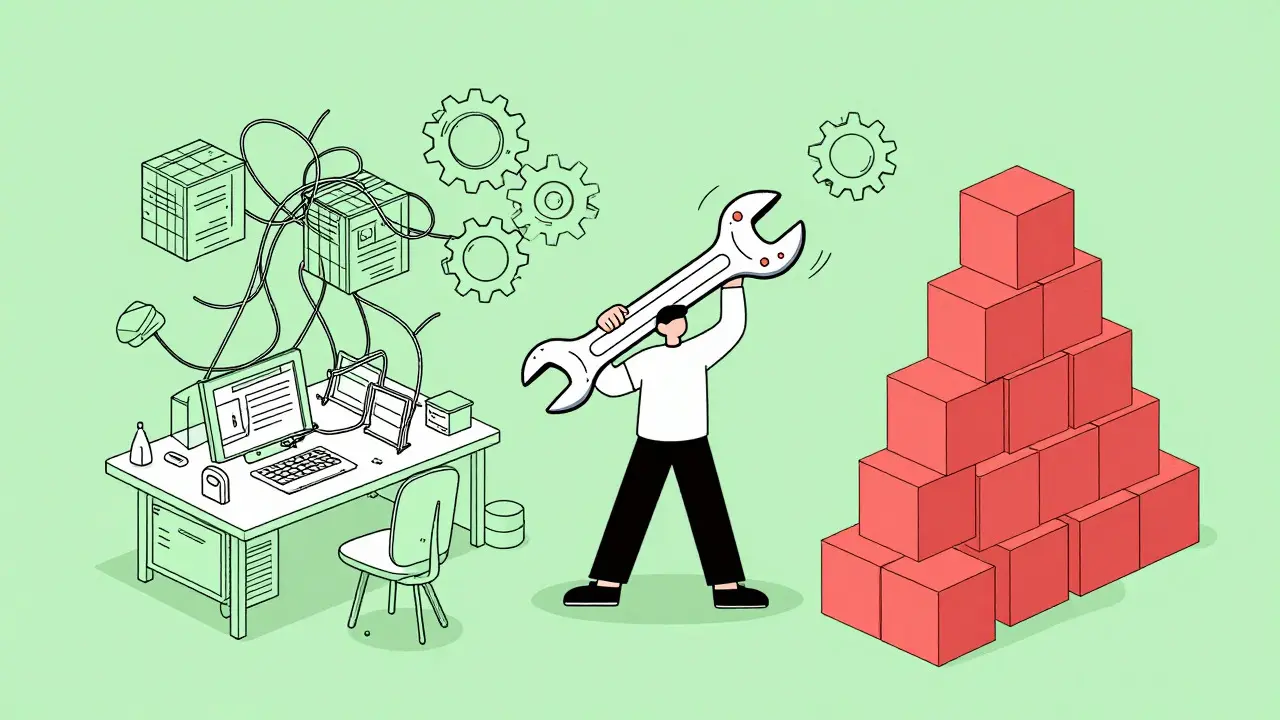 Illustration of a developer organizing chaotic code into a structured system