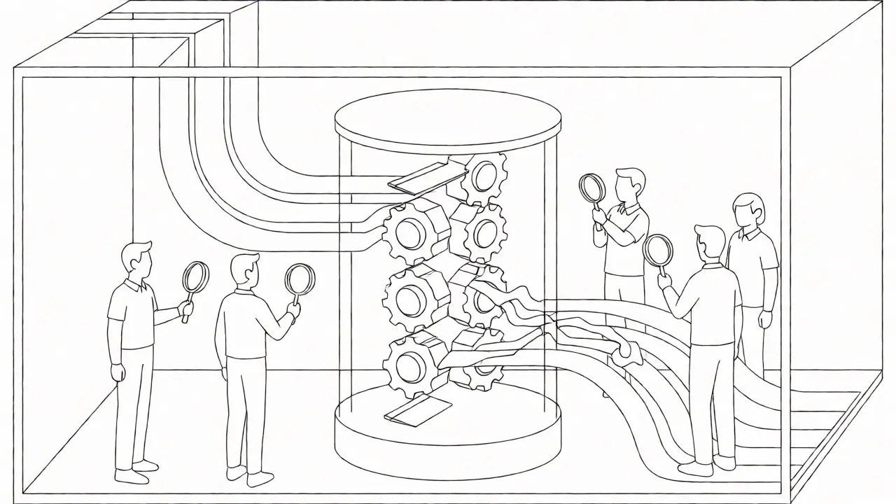 Illustration of a server core with tangled corrupted data streams and observers.