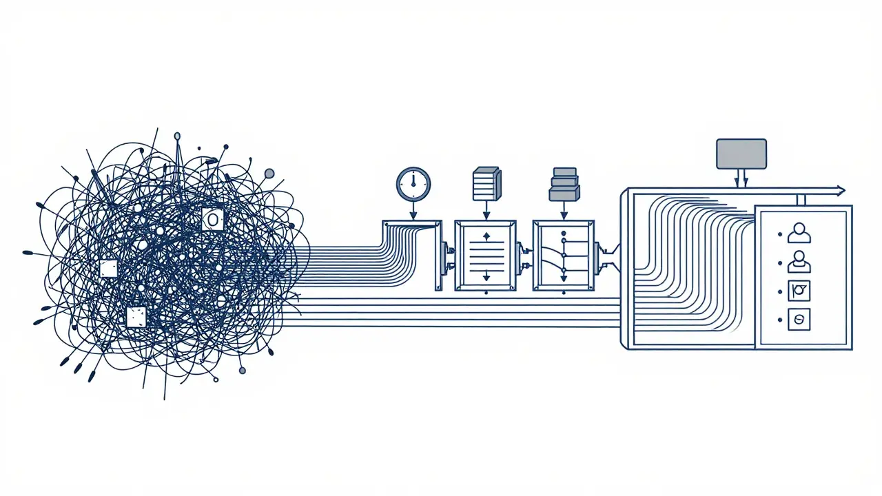 Illustration of chaotic data streams being organized into parallel lines through a processing pipeline