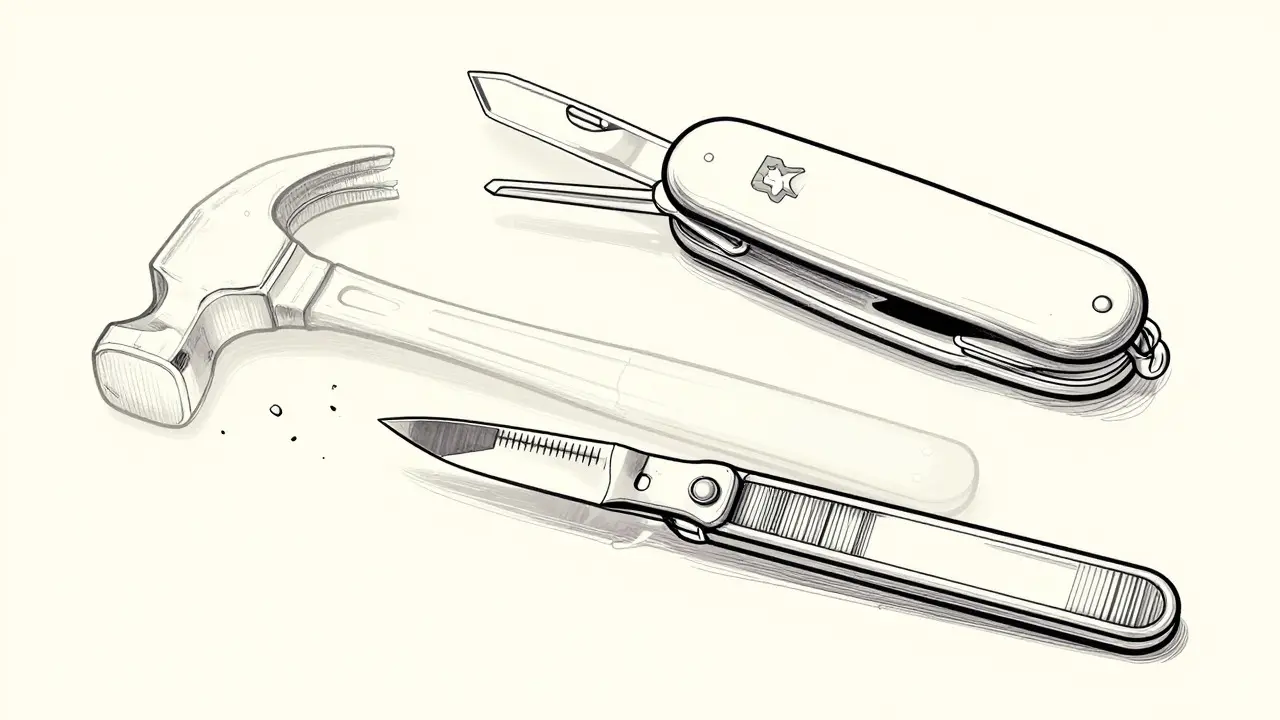 Line art metaphor showing a specialized tool gaining precision while general tools fade, next to a versatile multi-tool