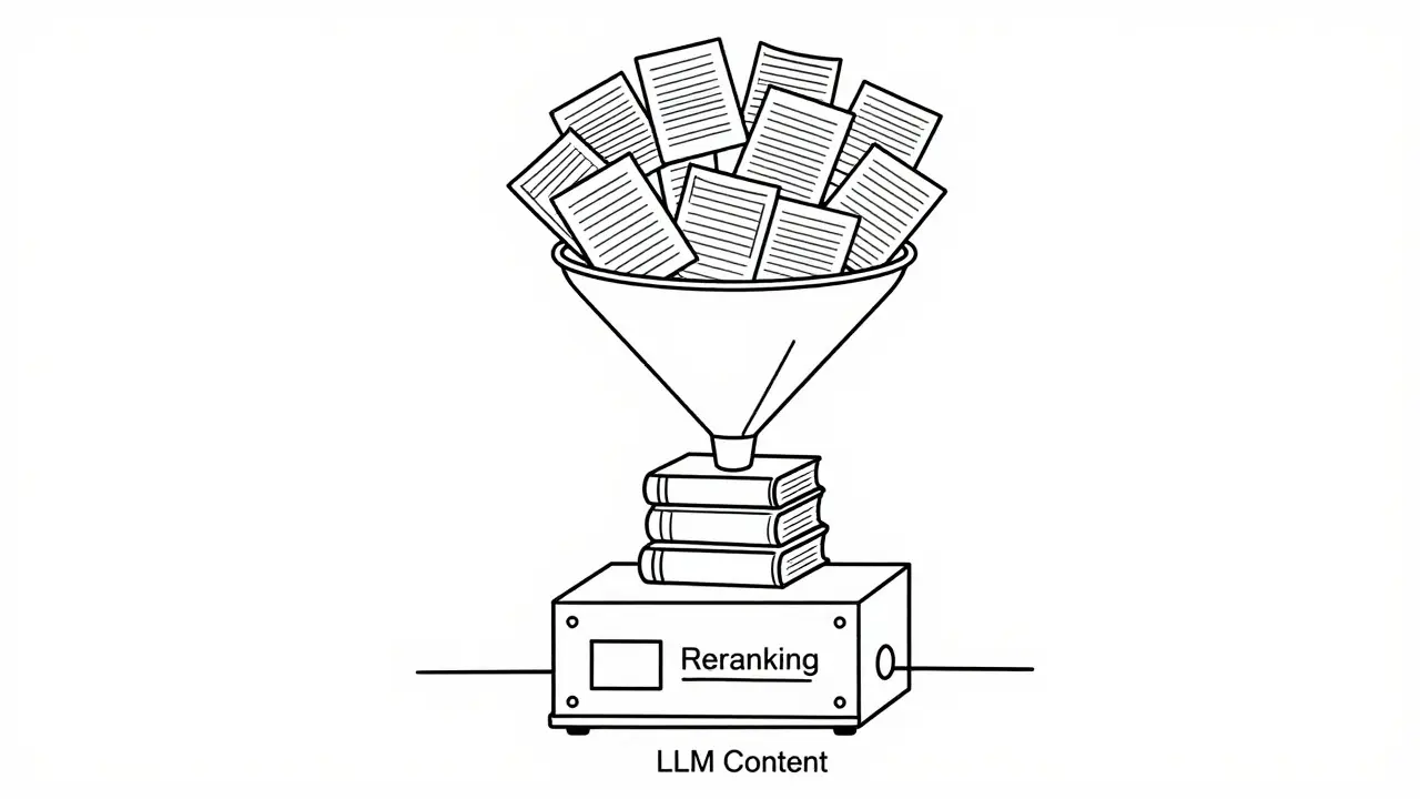 Line art showing document filtering via reranking to reduce LLM context size