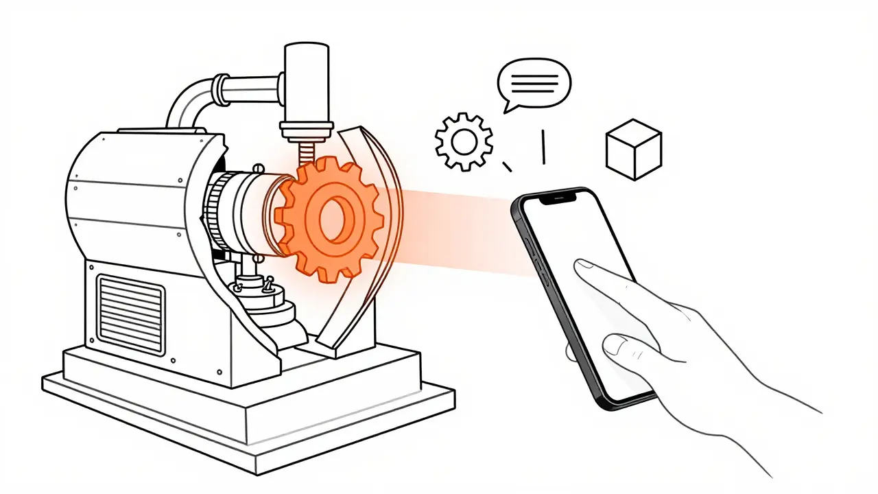 Line drawing of a smartphone projecting holographic repair instructions onto a broken machine