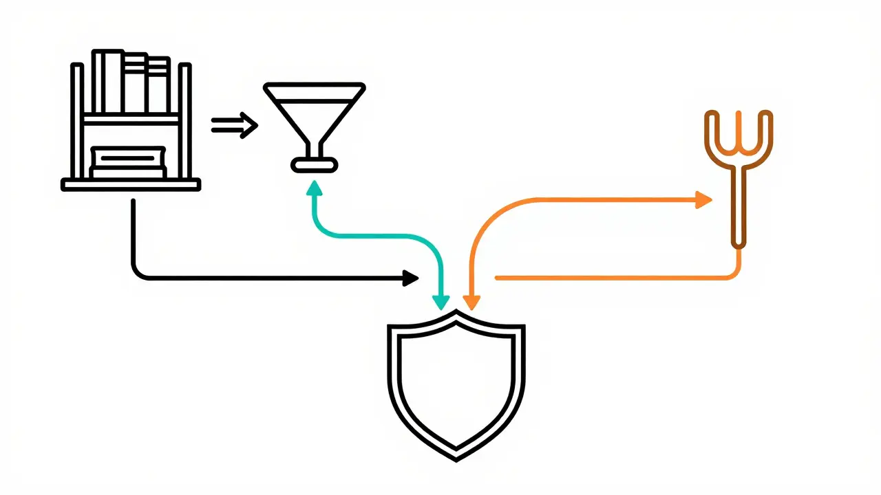 Minimalist diagram showing retrieval and fine-tuning paths merging into a secure result