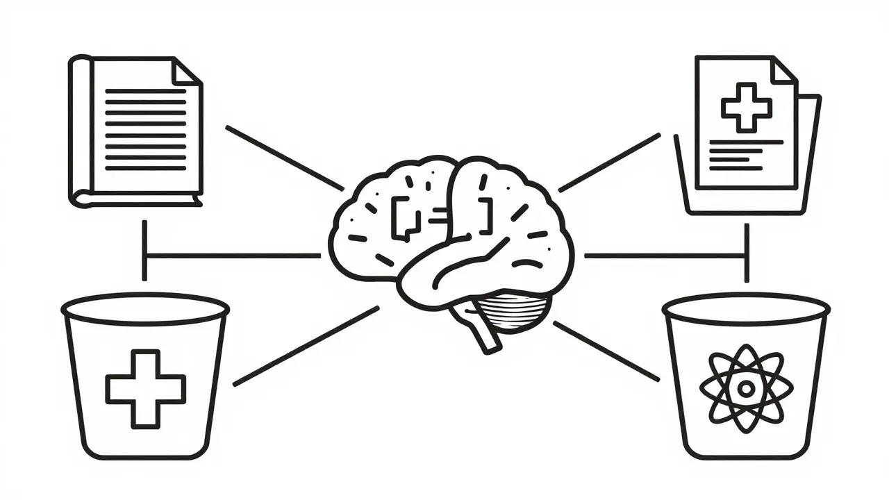 Monoline art of data buckets feeding into a central AI brain node