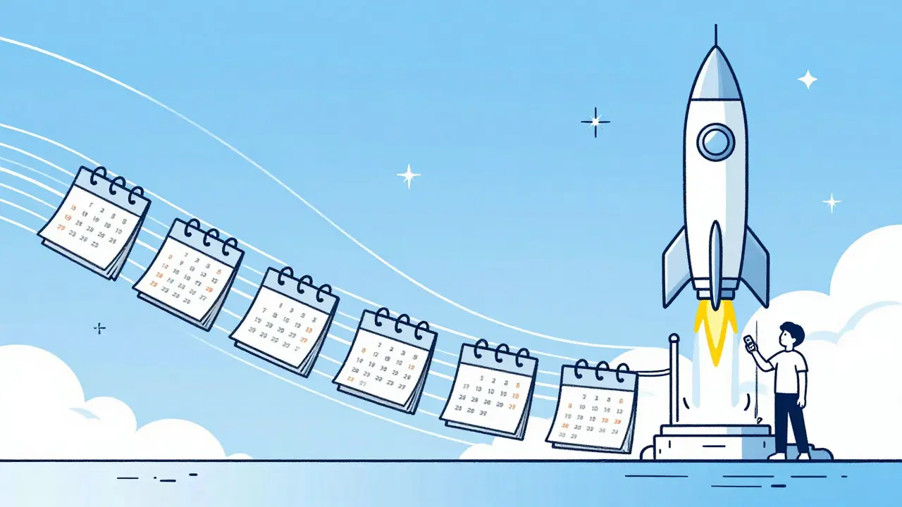 Monoline art showing a rocket launching quickly, symbolizing fast software shipping