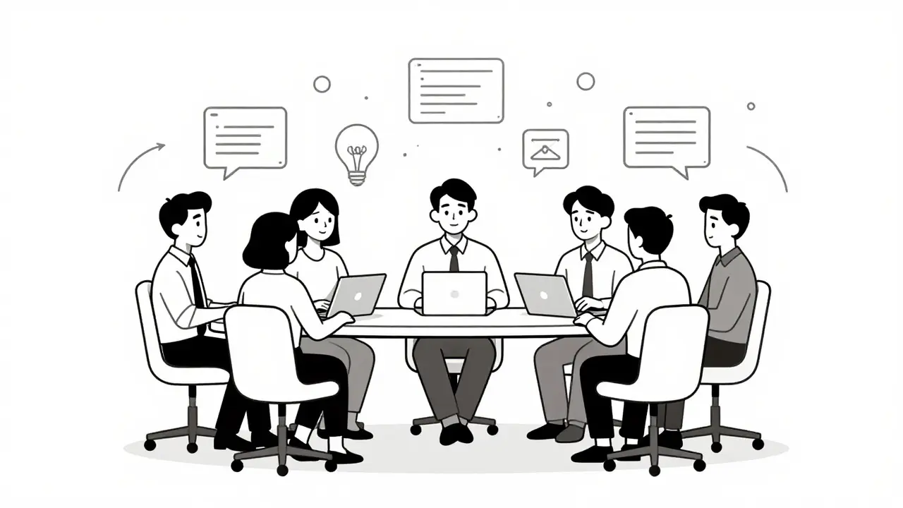 Monoline cartoon of a five-person tech team collaborating around a table with abstract connection lines