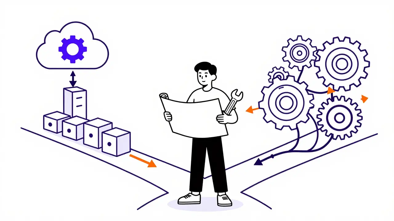 Monoline drawing of a developer balancing AI automation with manual technical refinement