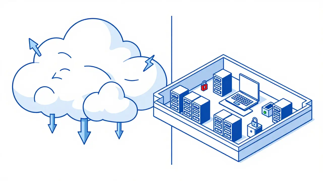 Monoline illustration comparing cloud-based AI deployment with secure on-premises local servers