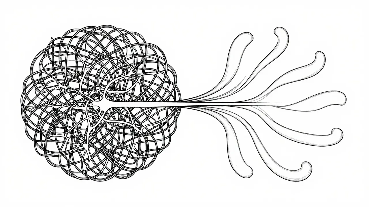 Monoline illustration contrasting tangled lines for memorization with smooth curves for generalization