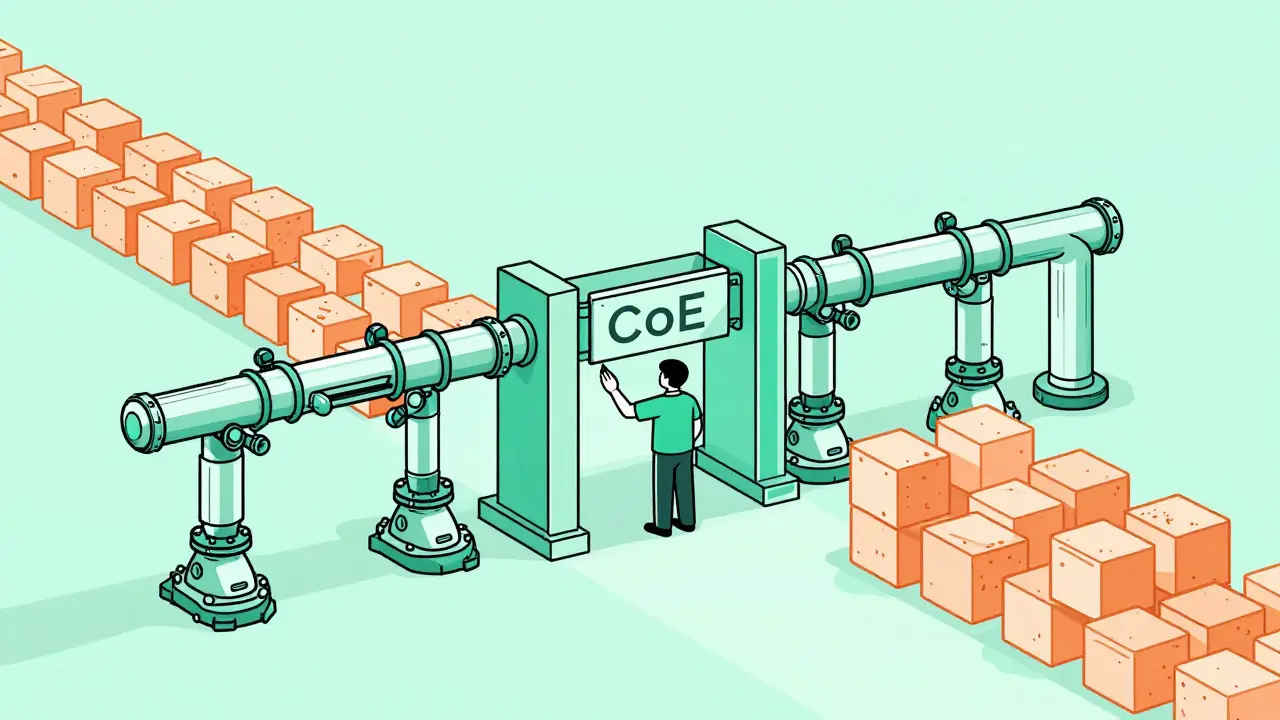 Monoline illustration of a code pipeline with automated gates polishing raw blocks into uniform cubes
