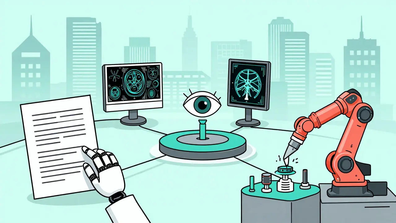 Monoline illustration showing AI integration in legal, medical, and industrial verticals