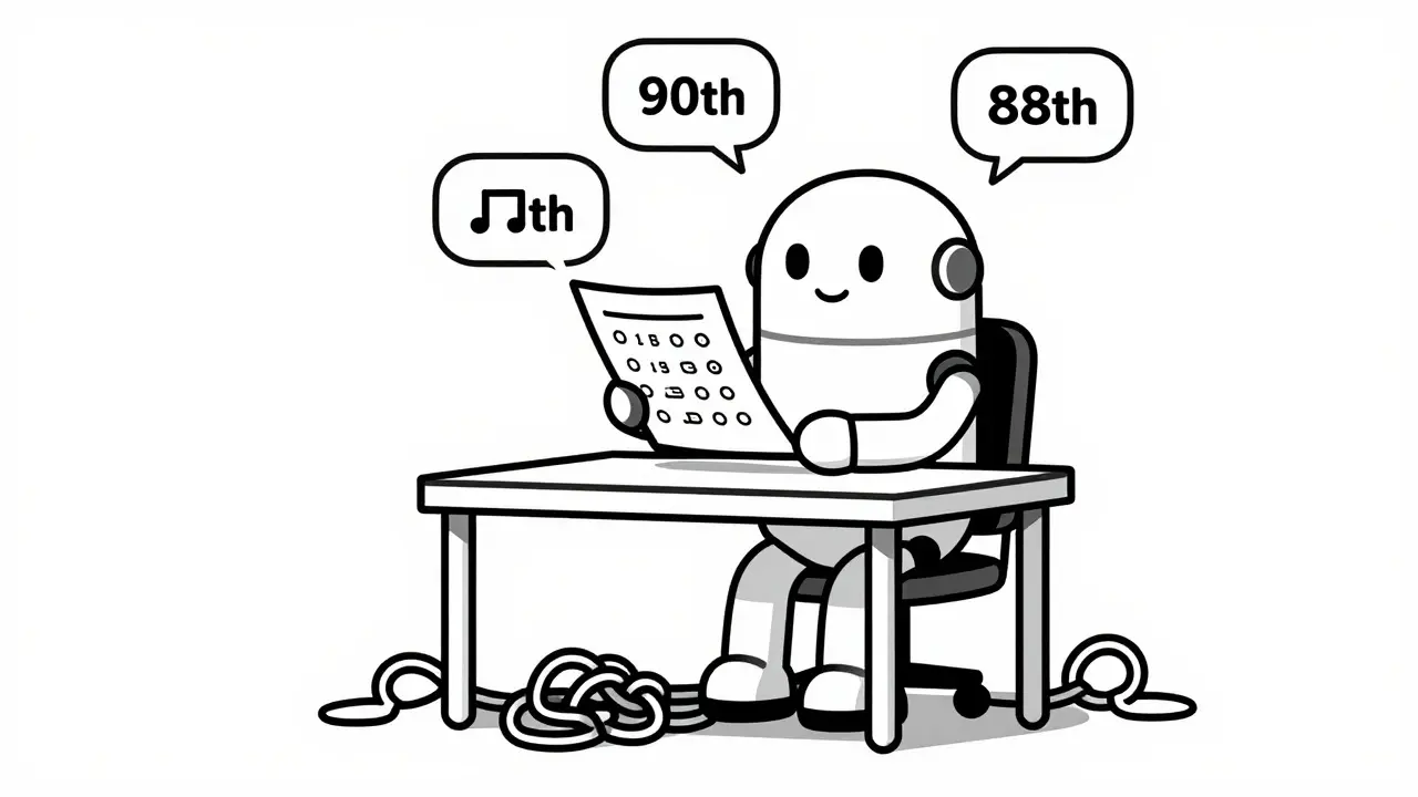 Robot taking a test with perfect scores but hidden logical errors underneath.