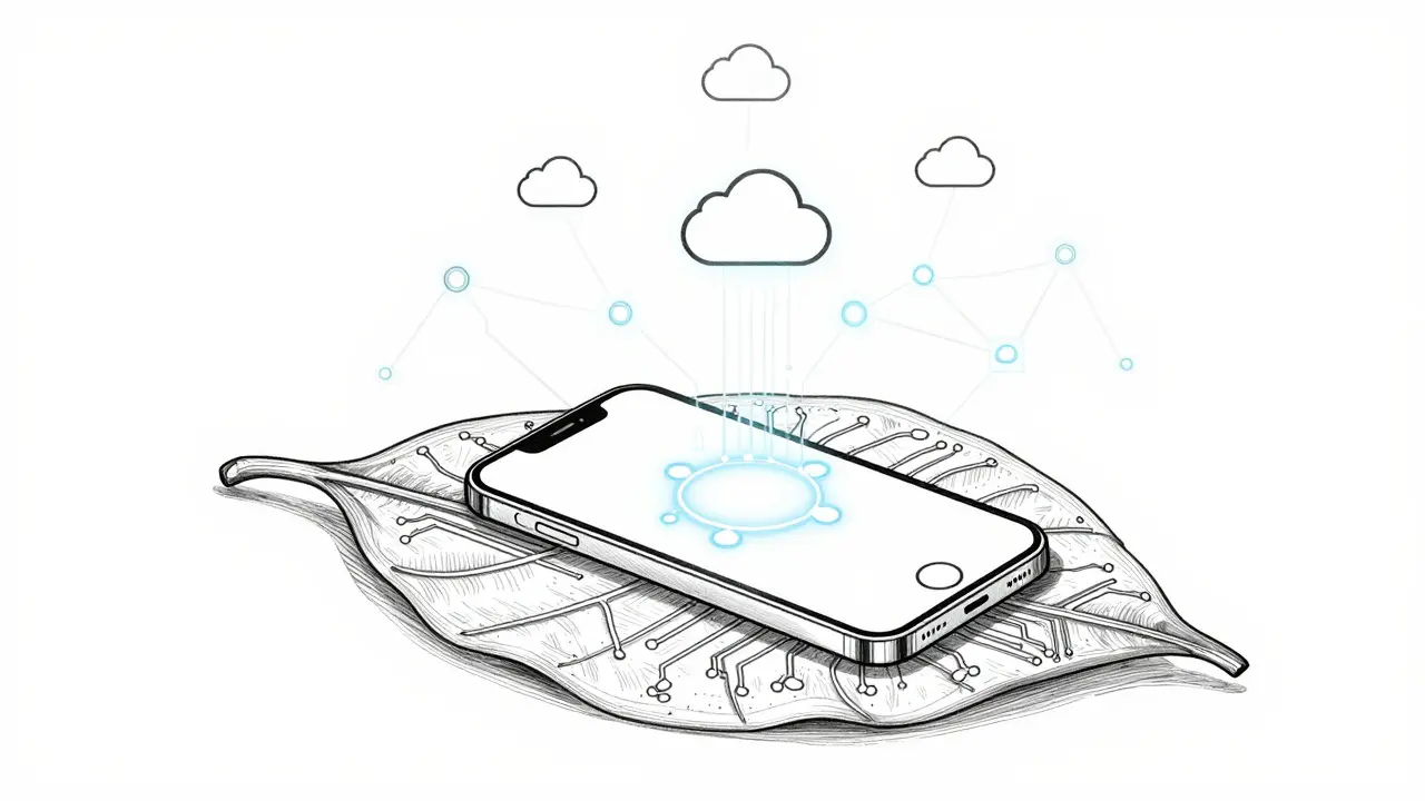 Smartphone on a leaf with circuit patterns, illustrating sustainable edge AI trends