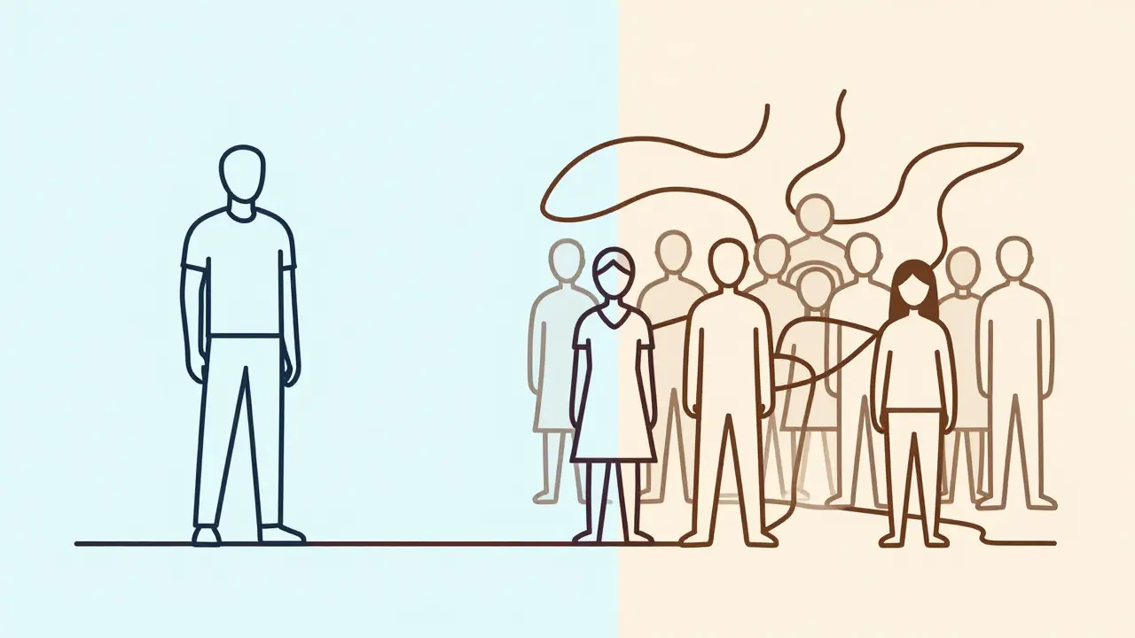 Split-line drawing contrasting isolated individualist figures with connected collectivist groups