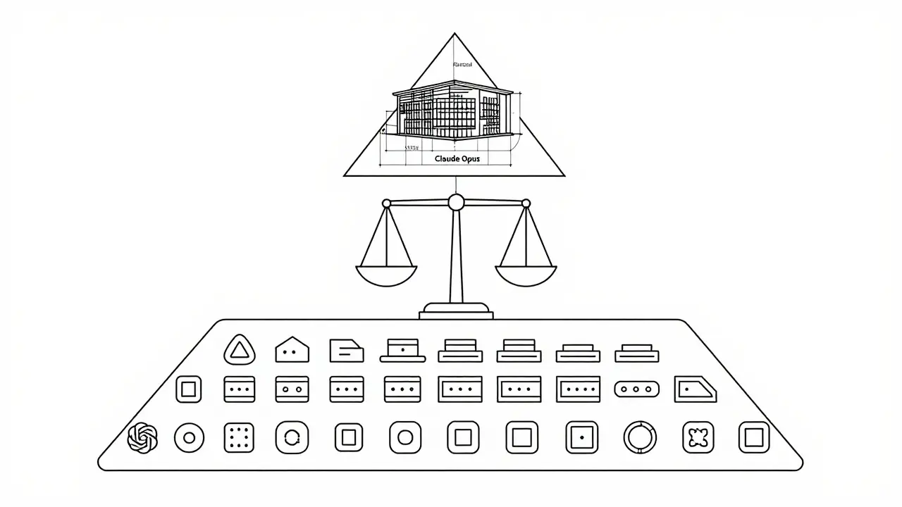 Tiered workflow pyramid showing model roles in continuous line art
