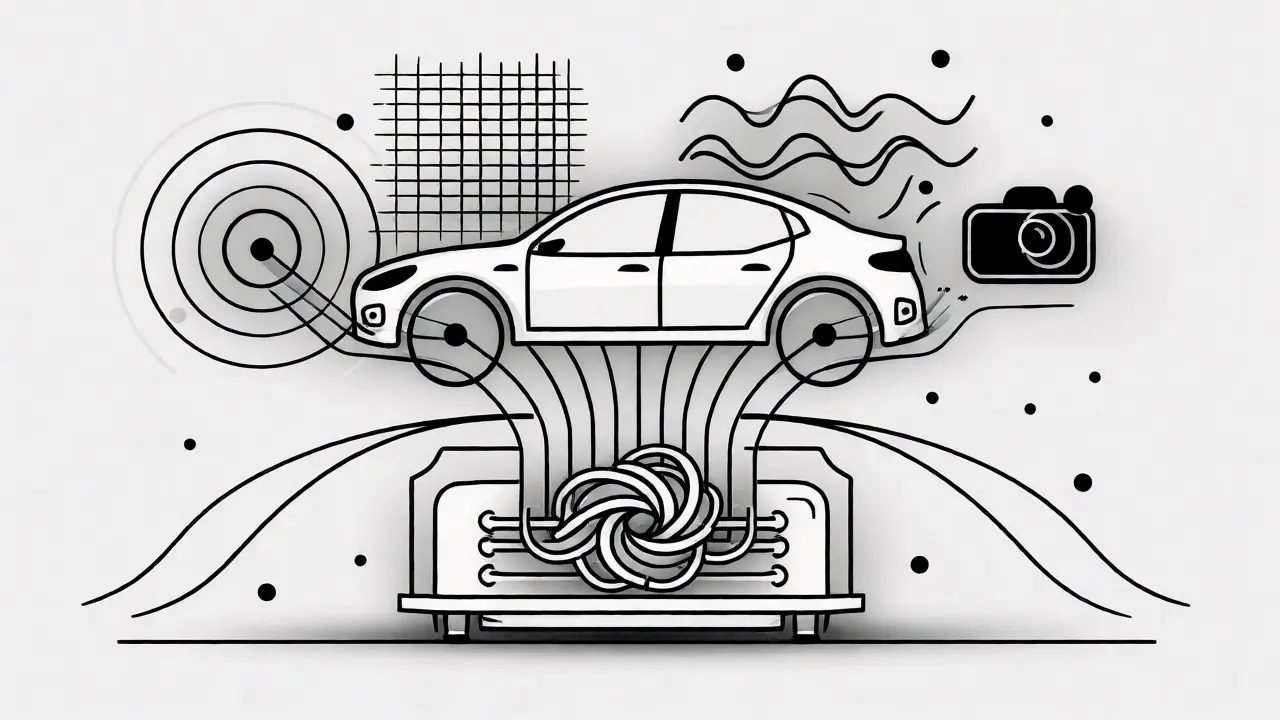 Abstract monoline art showing autonomous vehicle sensors fusing into a central processor.