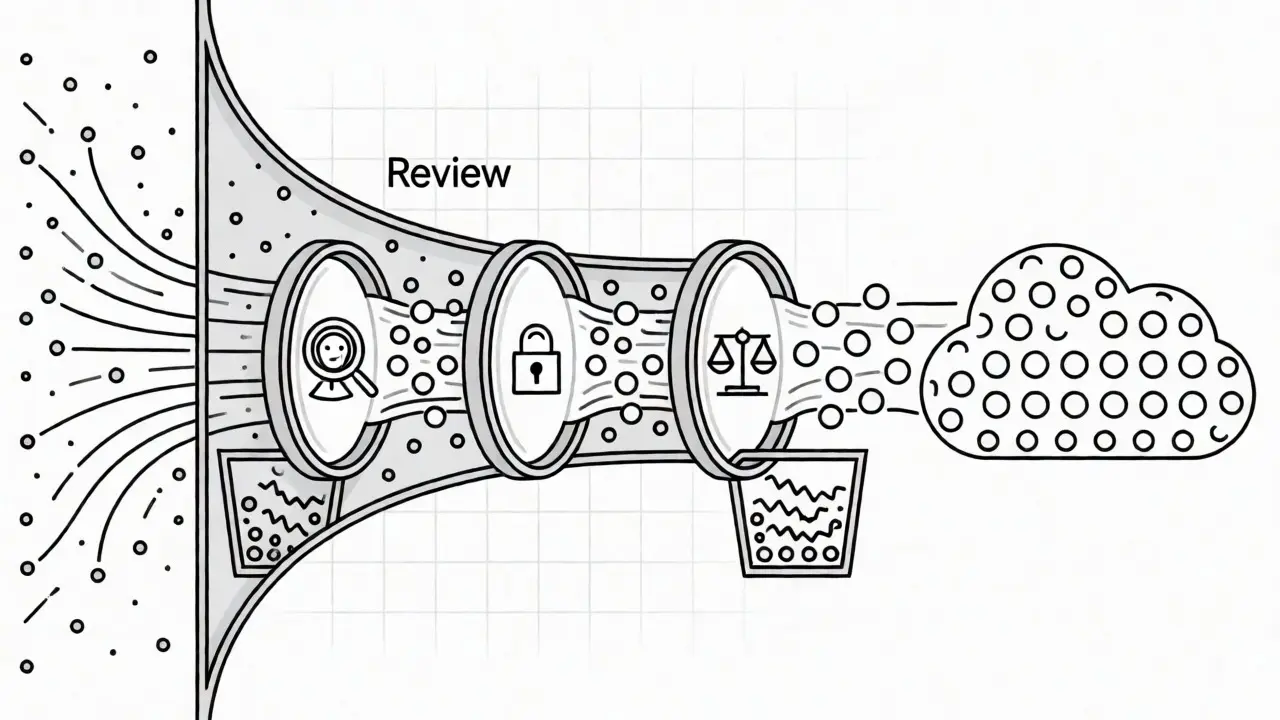 AI data flowing through bias and privacy filters