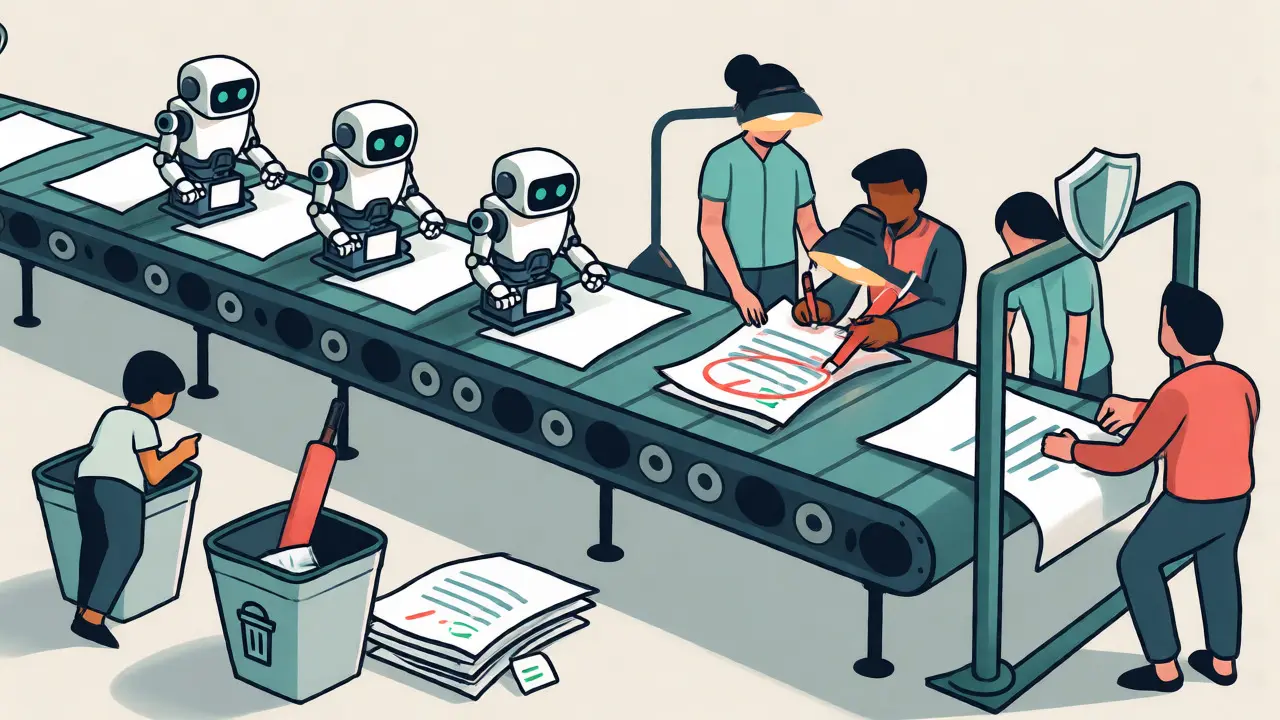 Assembly line illustration showing robots drafting documents and humans validating them with red pens.