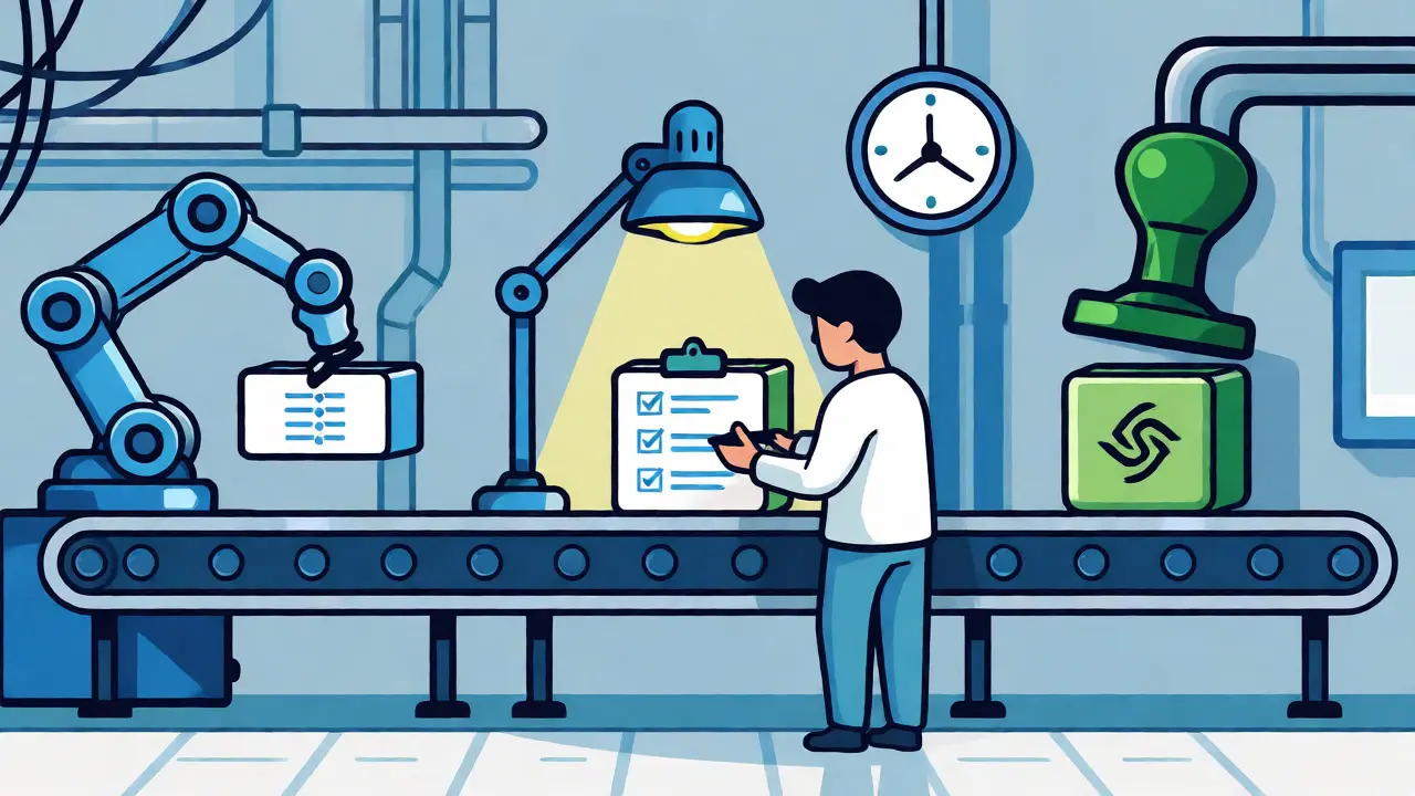 Assembly line showing AI code generation followed by human legal review