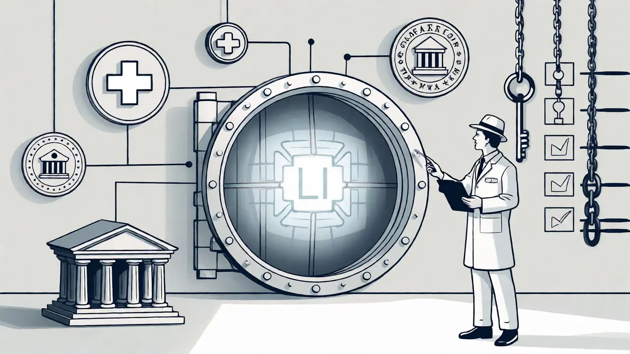 Auditor reviewing a secure AI vault surrounded by healthcare, finance, and government symbols.