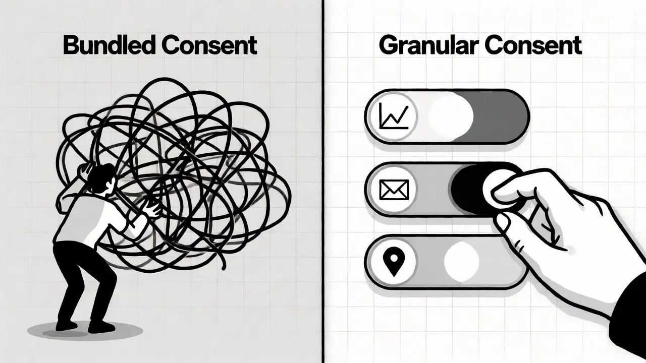 Comparison of bundled vs granular consent toggles in monoline style