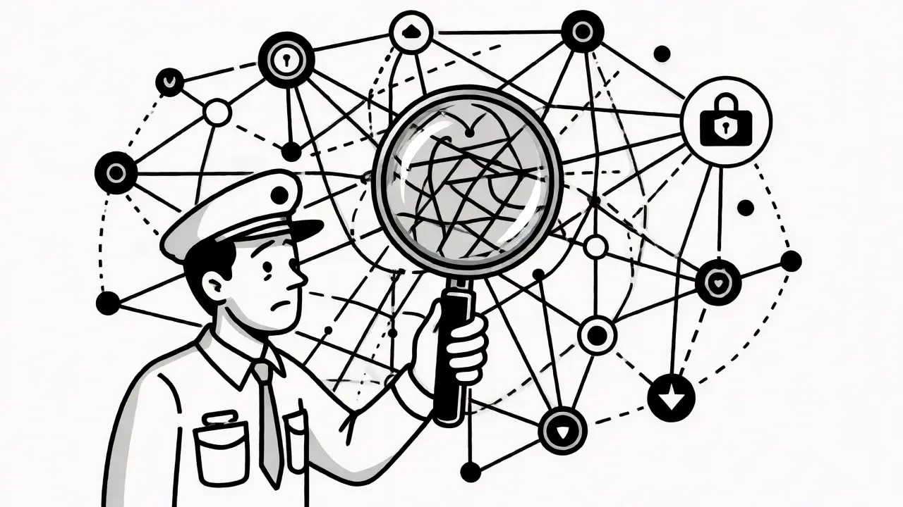 Compliance officer inspecting a complex network of AI data transfer risks.