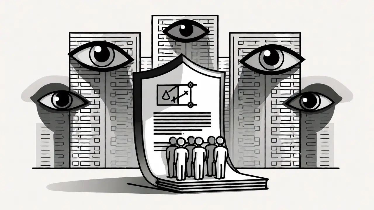 Conceptual art of a legal shield protecting users from foreign surveillance.