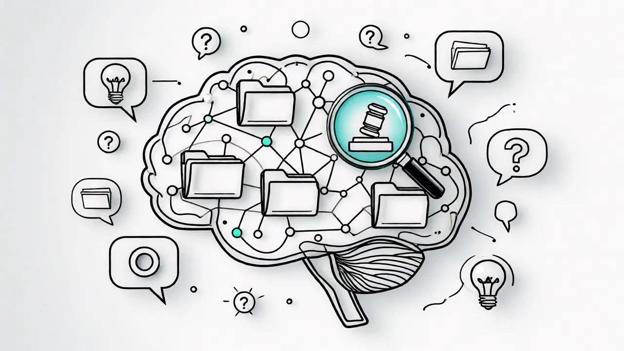 Conceptual monoline drawing of a brain formed by connected legal files and search icons.